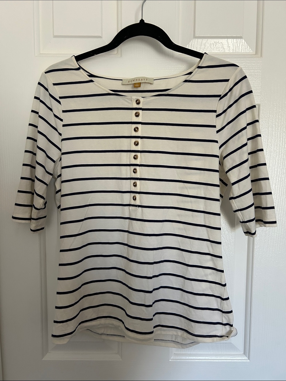 DownEast Navy and White Striped Henley Top